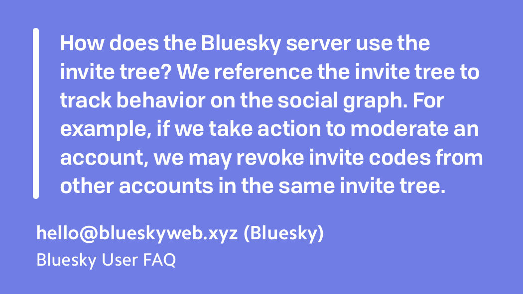 Text shot from Bluesky’s F.A.Q. about their policy on using invite code trees in moderatiom efforts: Question: How does the Bluesky server use the invite tree? Answer: We reference the invite tree to track behavior on the social graph. For example, if we take action to moderate an account, we may revoke invite codes from other accounts in the same invite tree.