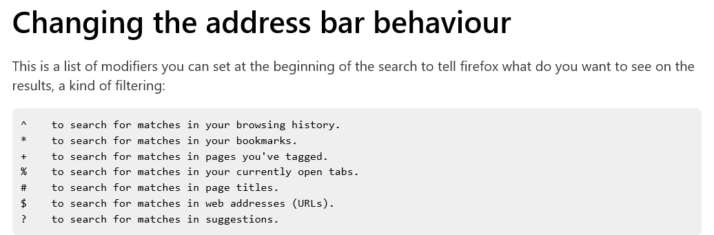 Screenshot of Firefox address bar modifiers