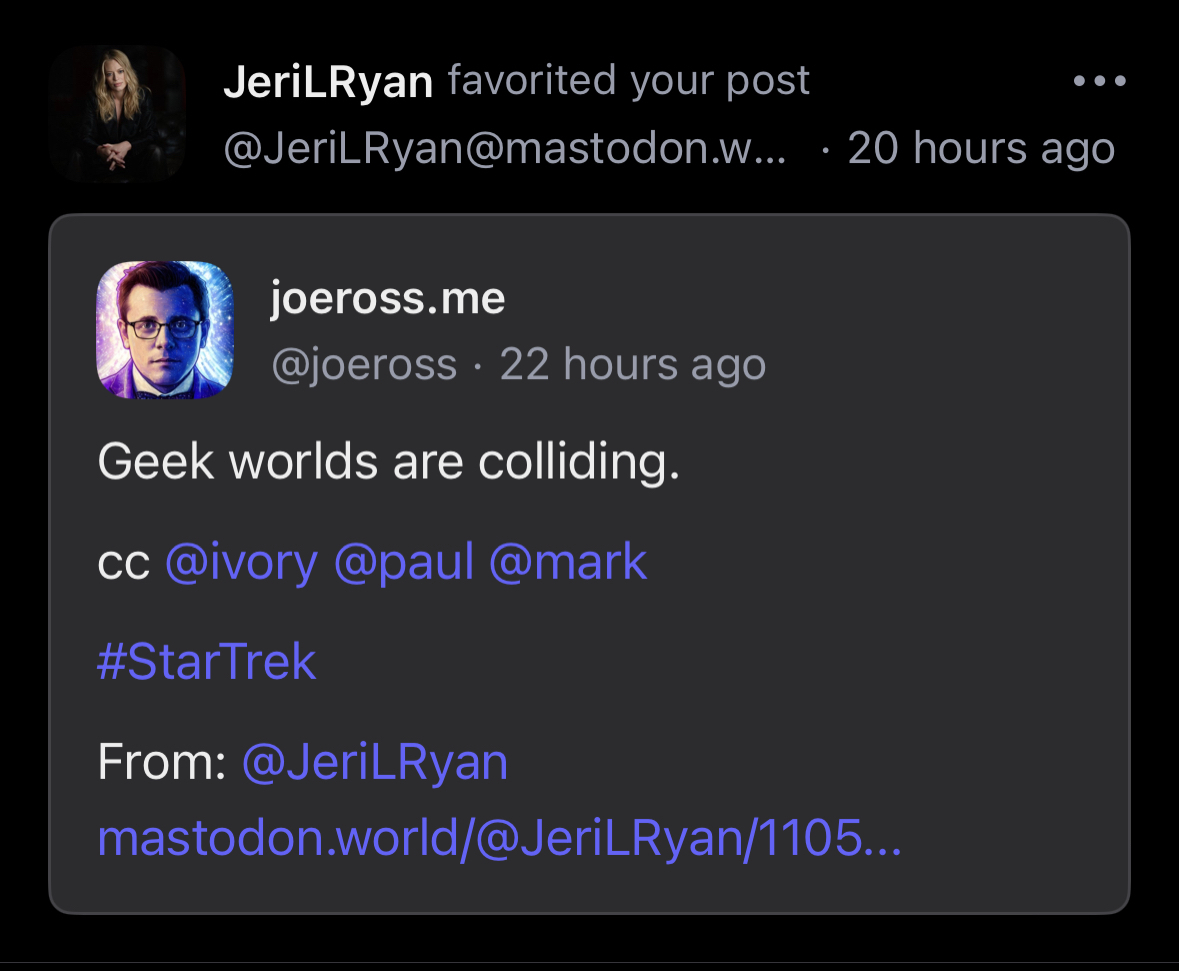 A screenshot from Mastodon for iOS, showing that Jeri Ryan favorites a quote post I made of her praising my favorite third-party Mastodon app, Ivory for iOS by Tapbots.