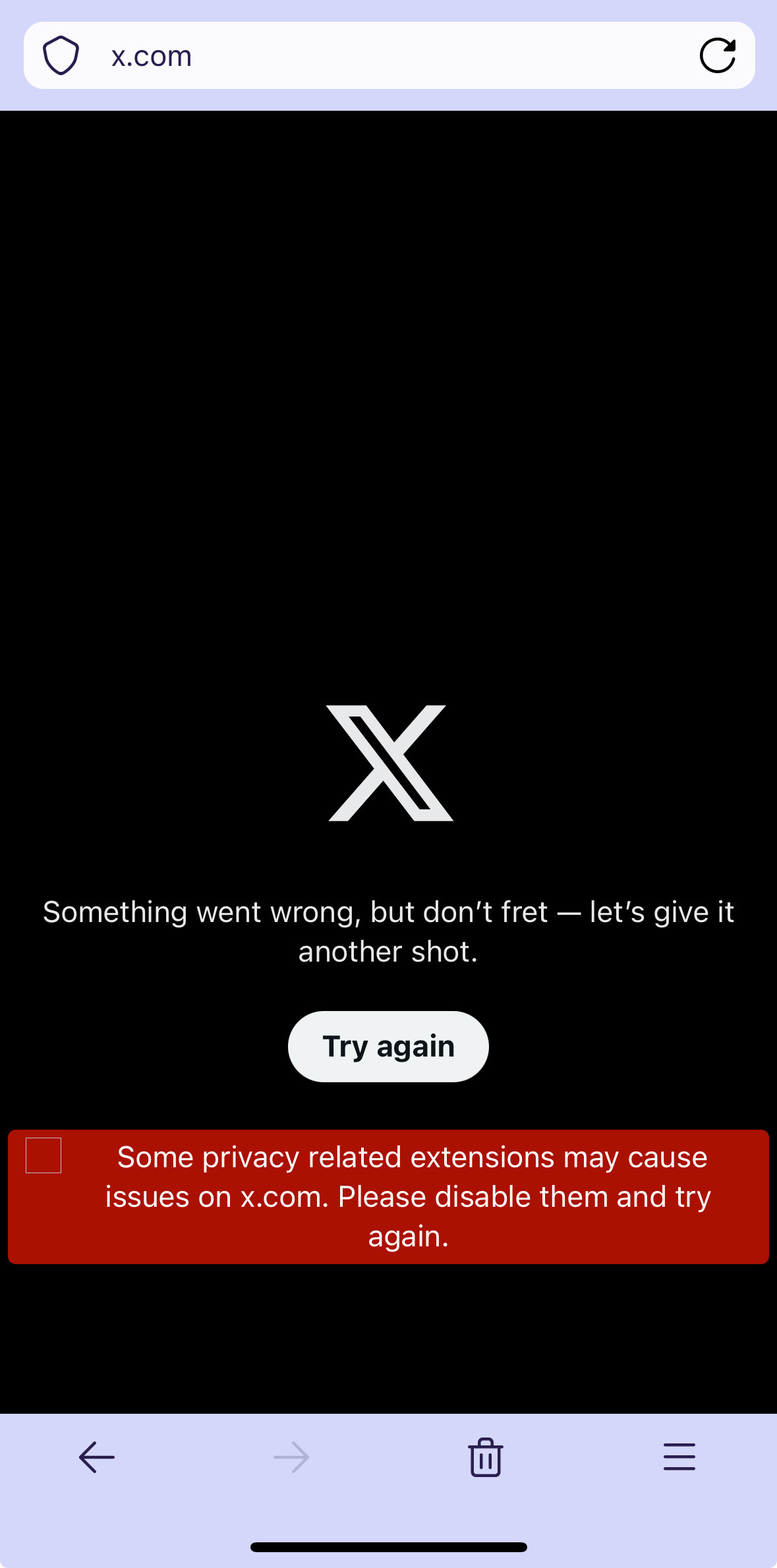 Screenshot of a browser displaying an error message from x.com, indicating something went wrong. The screen suggests trying again and warns that privacy-related extensions might be causing issues, advising to disable them and try again. The background is black with the X logo centered at the top.